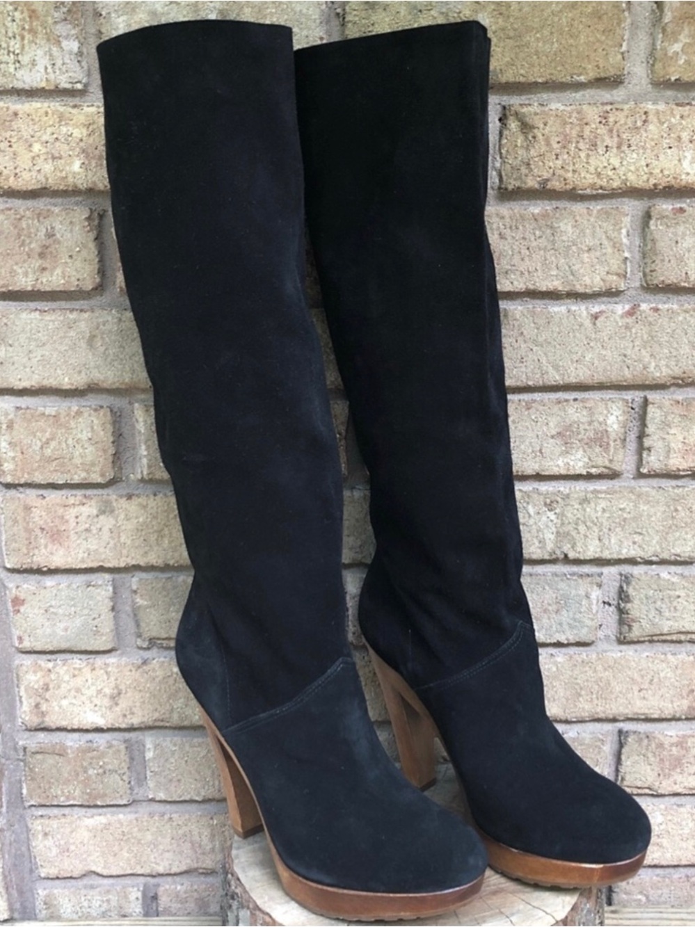 Michael Kors Black Suede Knee-High Platform Heel Boots with Brown Wood Sole